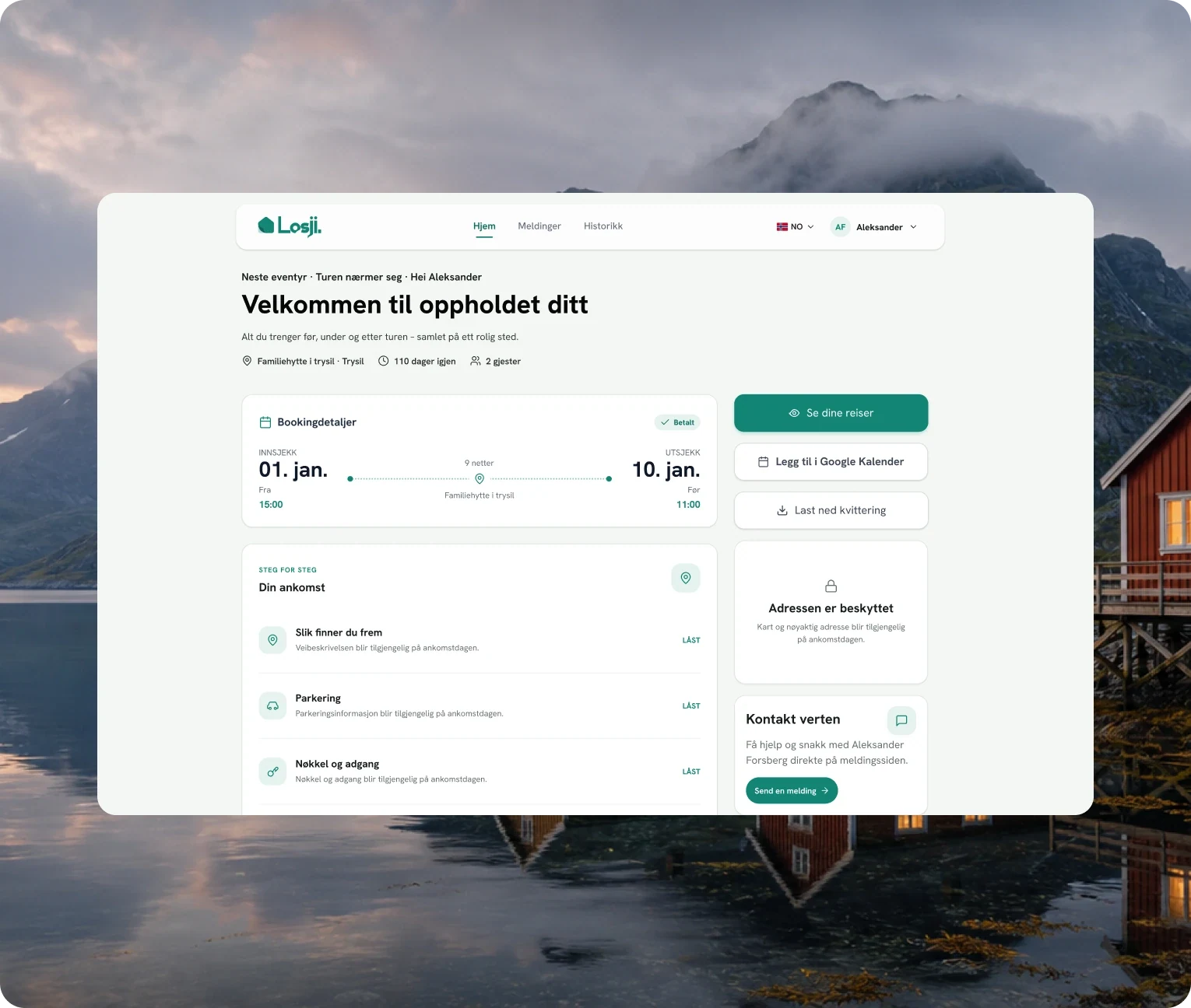 Gjesteportal fra Losji med oversikt over oppholdet og praktisk informasjon